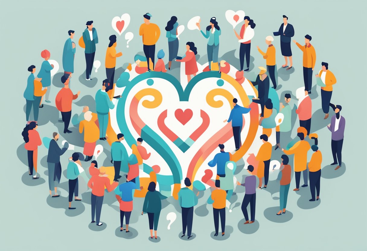 A heart surrounded by people with question marks, symbolizing a FAQ center