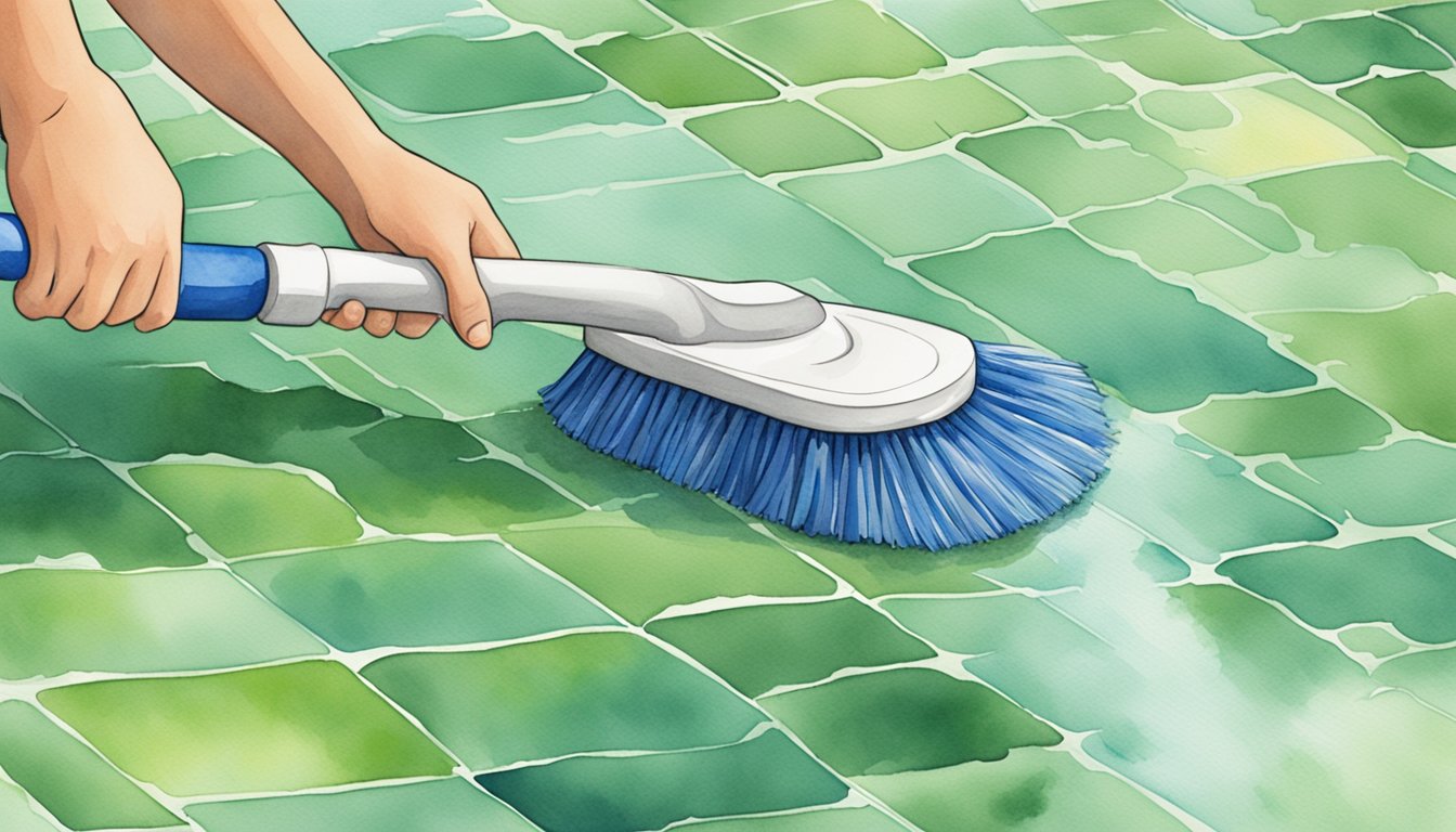 A scrub brush vigorously cleans the grout lines between tiles, removing dirt and grime.</p><p>A solution of water and cleaning agent is applied, followed by thorough rinsing and drying