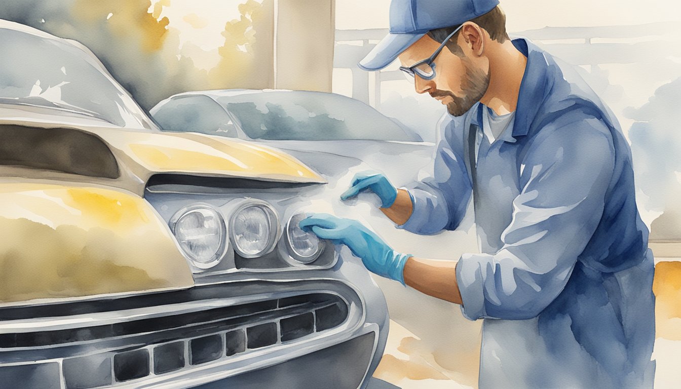 A technician applies cleaning solution to foggy headlights, then uses a buffer to restore clarity and shine