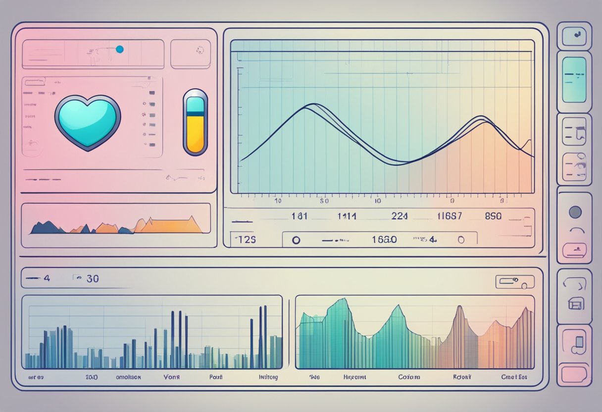 A digital heart rate monitor displays a fluctuating graph, while a hand adjusts settings on a control panel