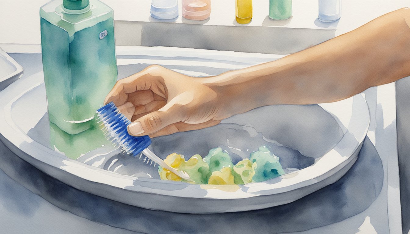 A retainer being gently scrubbed with a soft-bristled toothbrush and rinsed under running water.</p><p>It is then placed in a clean case for safekeeping