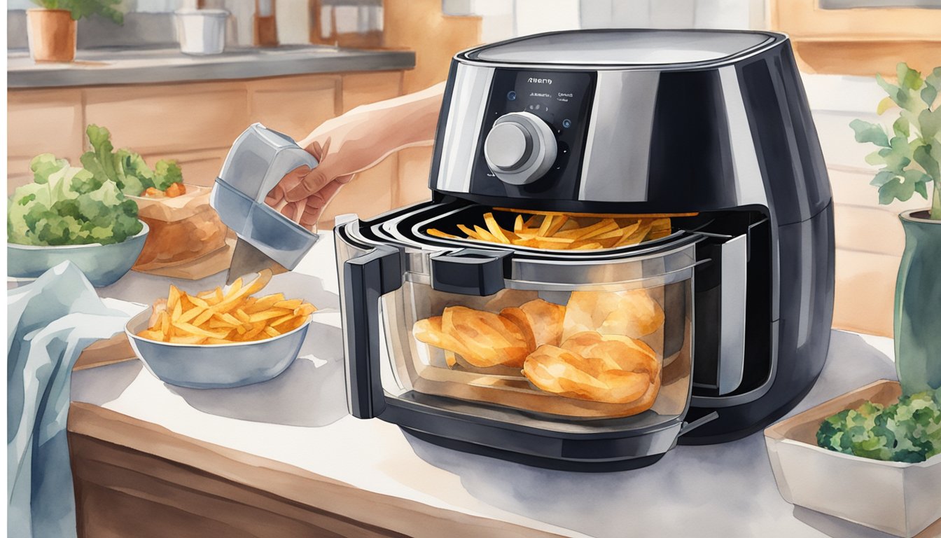 A person placing the air fryer on a flat, stable surface. They are unplugging it and allowing it to cool down before removing the basket and tray for cleaning