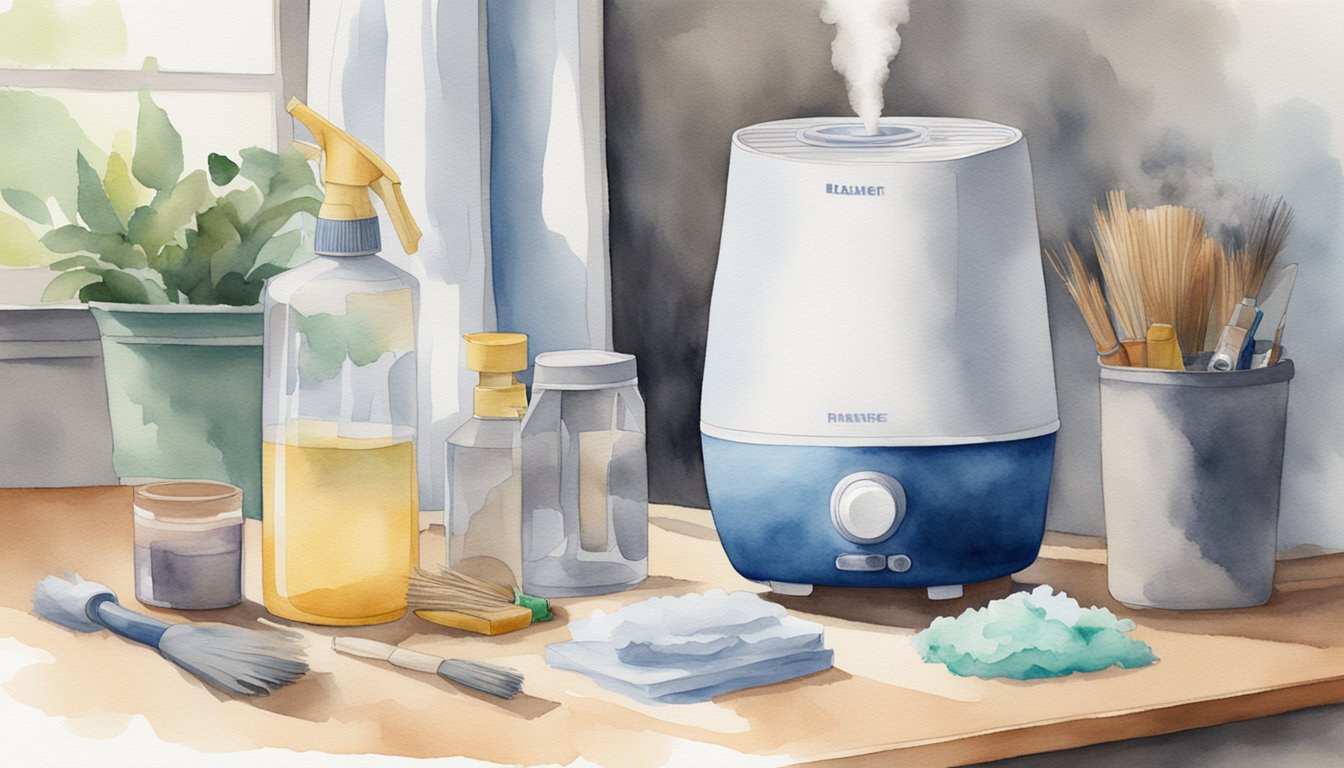 A humidifier sits on a clean surface, surrounded by cleaning supplies and a manual.</p><p>A hand removes and inspects the filter