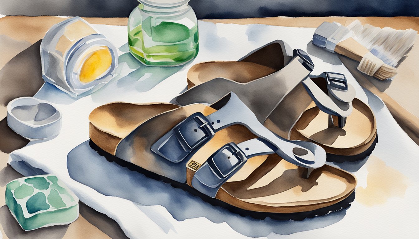 Birkenstocks laid out on a clean towel, with a bottle of cleaning solution and a soft brush nearby