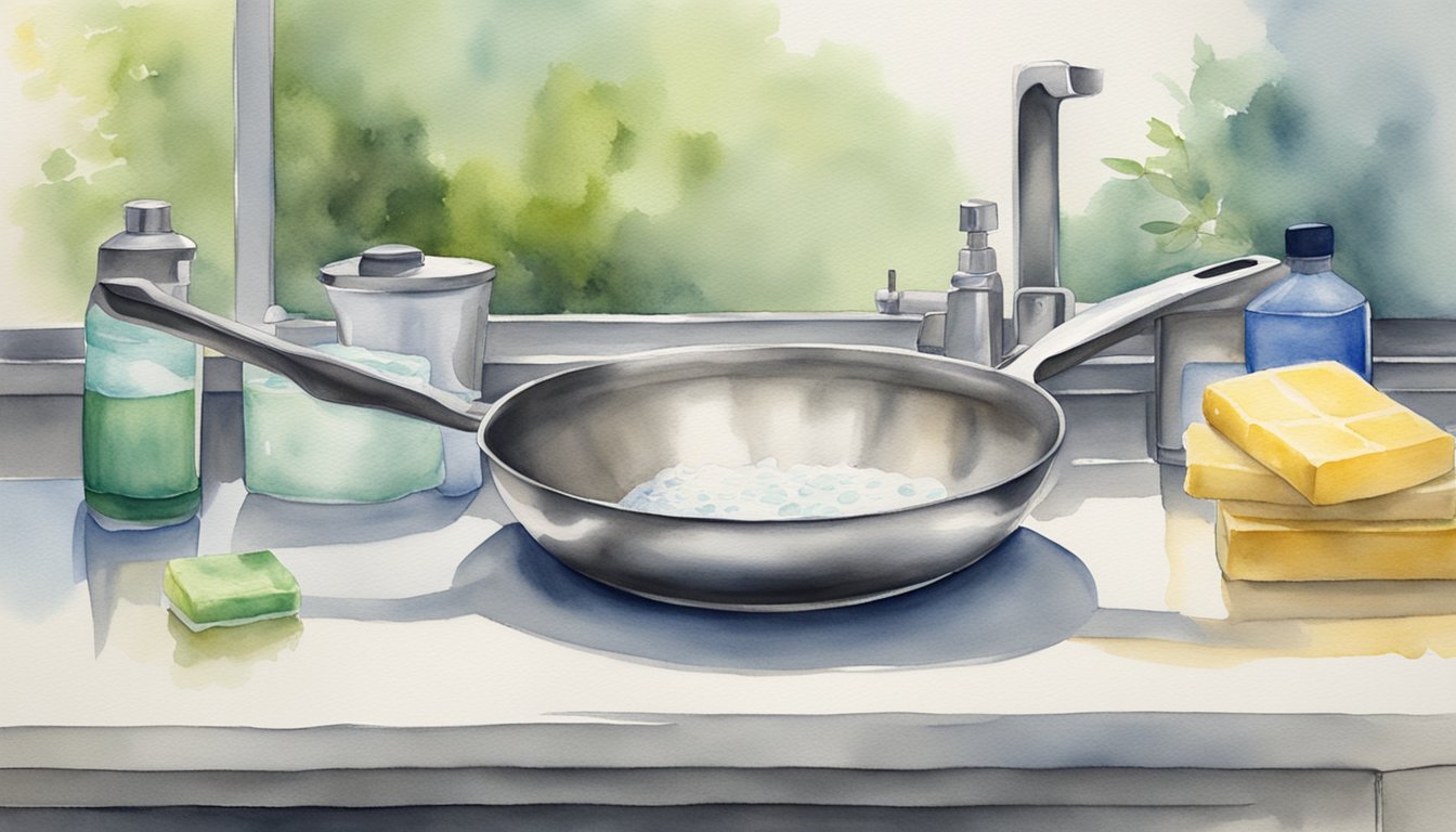 A stainless steel pan being scrubbed with soap and water, then dried with a clean towel