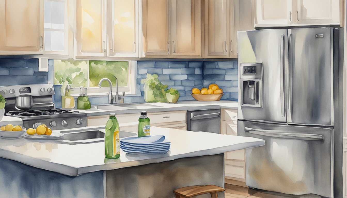 Stainless steel appliances gleam under a soft light, with a bottle of stainless steel cleaner and a microfiber cloth nearby