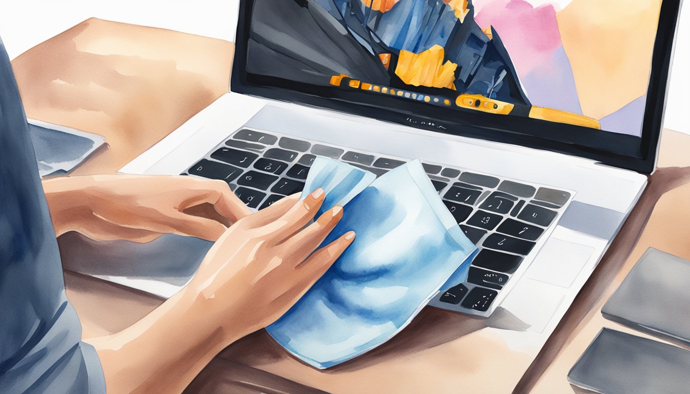 A hand holding a microfiber cloth gently wipes the MacBook screen, following the additional tips and safety measures provided