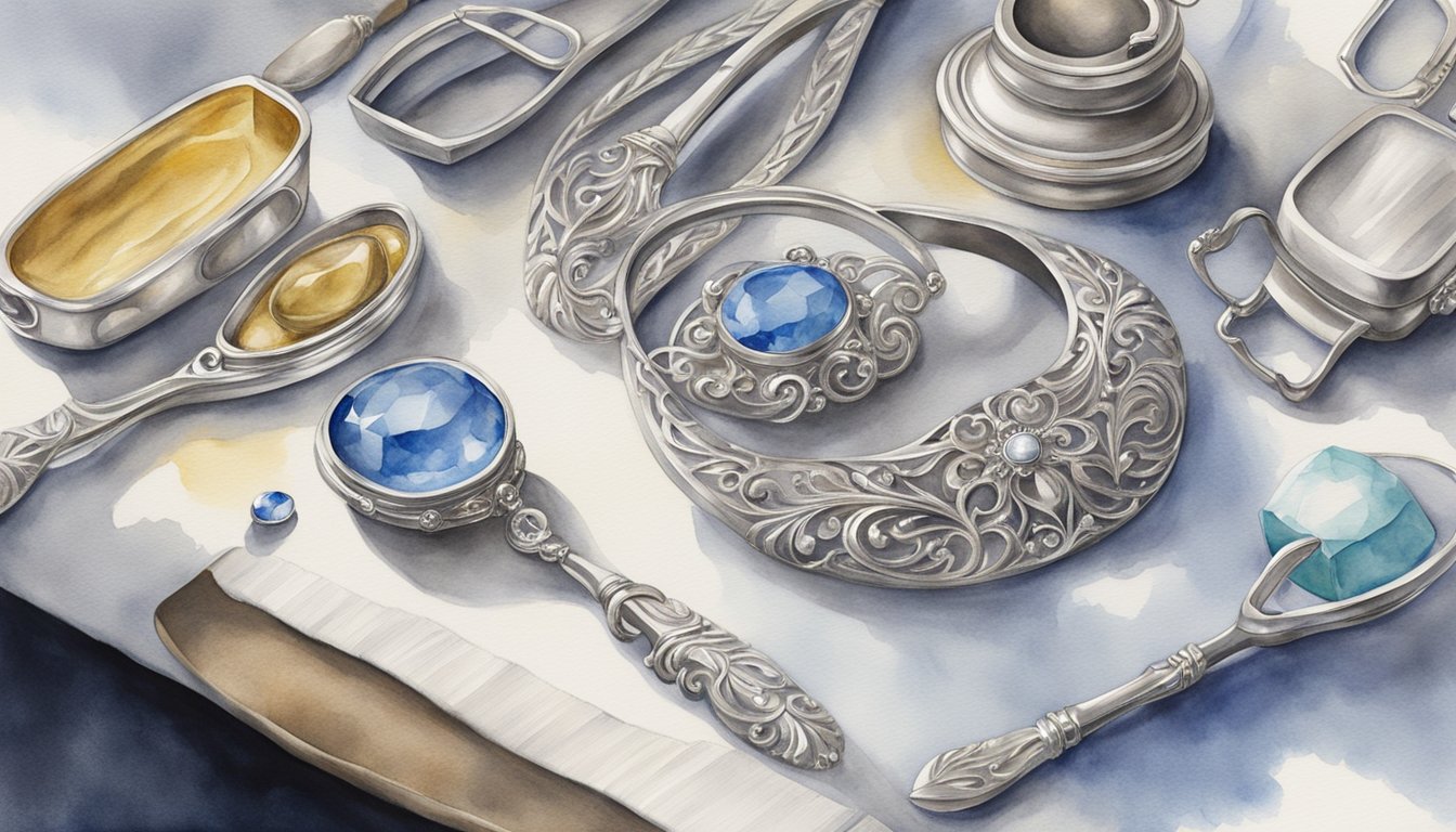 Sterling silver items being polished with a soft cloth and silver cleaning solution, with a focus on the intricate details and shine of the metal