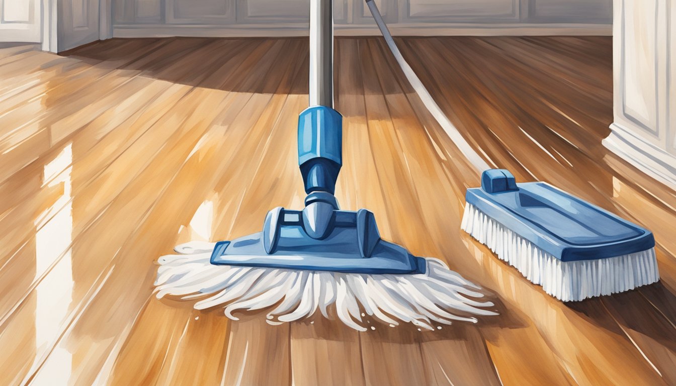 A hardwood floor being cleaned with a mop and specialized cleaning solution, with a shiny and polished finish