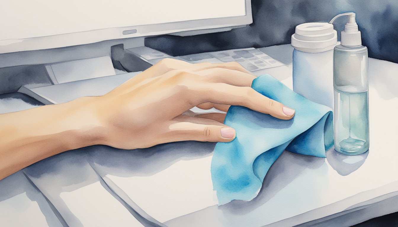 A hand reaches for a spray bottle and microfiber cloth.</p><p>The computer screen is gently wiped clean, leaving it sparkling and free of smudges