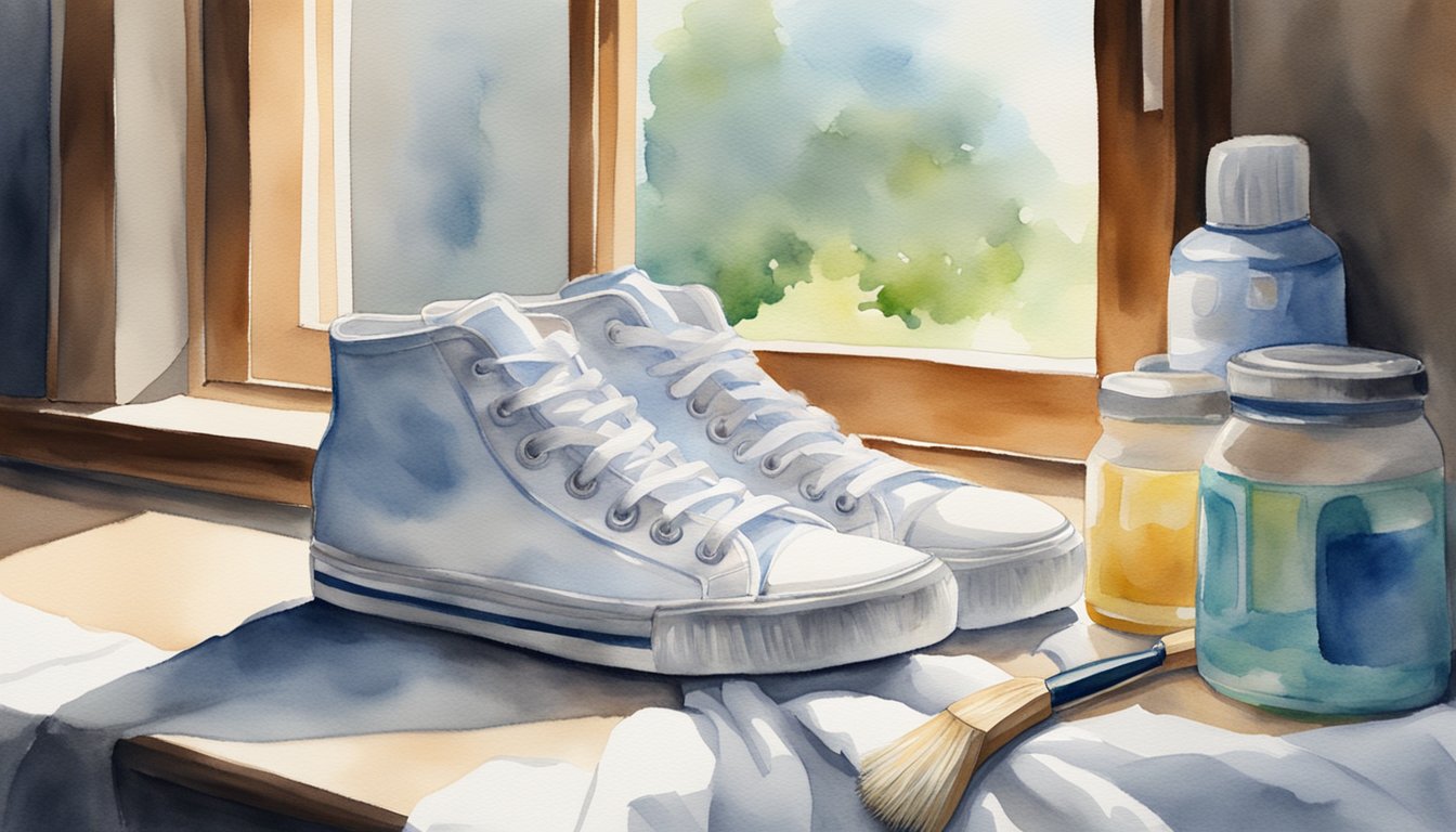 White sneakers placed on a towel, air-drying near an open window.</p><p>Cleaning supplies and a brush nearby for after-care