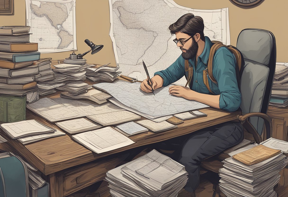 A Traveler Sits At A Desk, Surrounded By Maps, Journals, And Souvenirs. They Are Deep In Thought, Pen Poised Over A Blank Page, Ready To Capture Their Adventures In A Travel Memoir