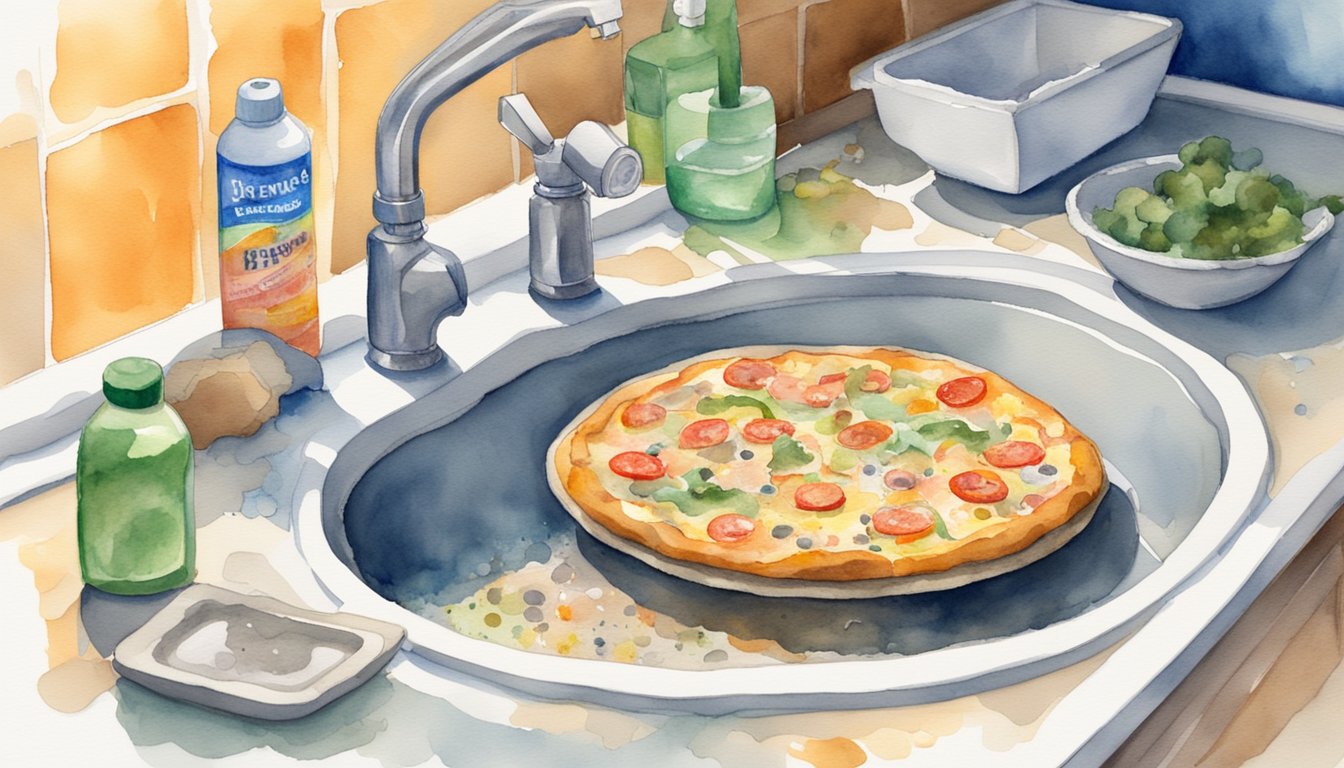 A pizza stone sits in a sink, covered in food residue.</p><p>A sponge and mild dish soap are nearby.</p><p>A faucet runs, ready to rinse the stone clean