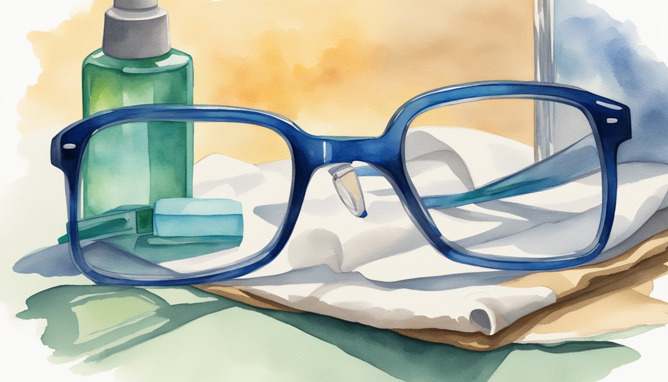 A pair of glasses being gently wiped with a microfiber cloth, removing smudges and dust.</p><p>A bottle of lens cleaner and a cleaning cloth are nearby