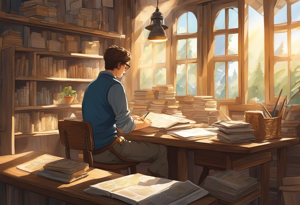 A Traveler Sits At A Rustic Wooden Desk, Pen In Hand, Surrounded By Maps, Journals, And Souvenirs. The Sunlight Streams Through The Window, Casting A Warm Glow On The Scene