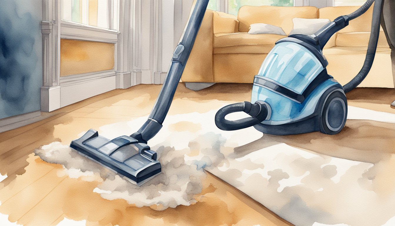 A vacuum cleaner removing dirt and debris from a plush carpet, while a steam cleaner works to lift stubborn stains and refresh the fibers