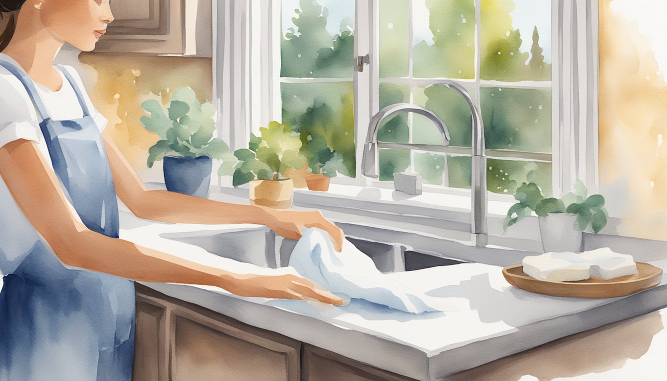 A person wipes quartz countertops with a soft cloth and mild soap, then dries with a clean towel