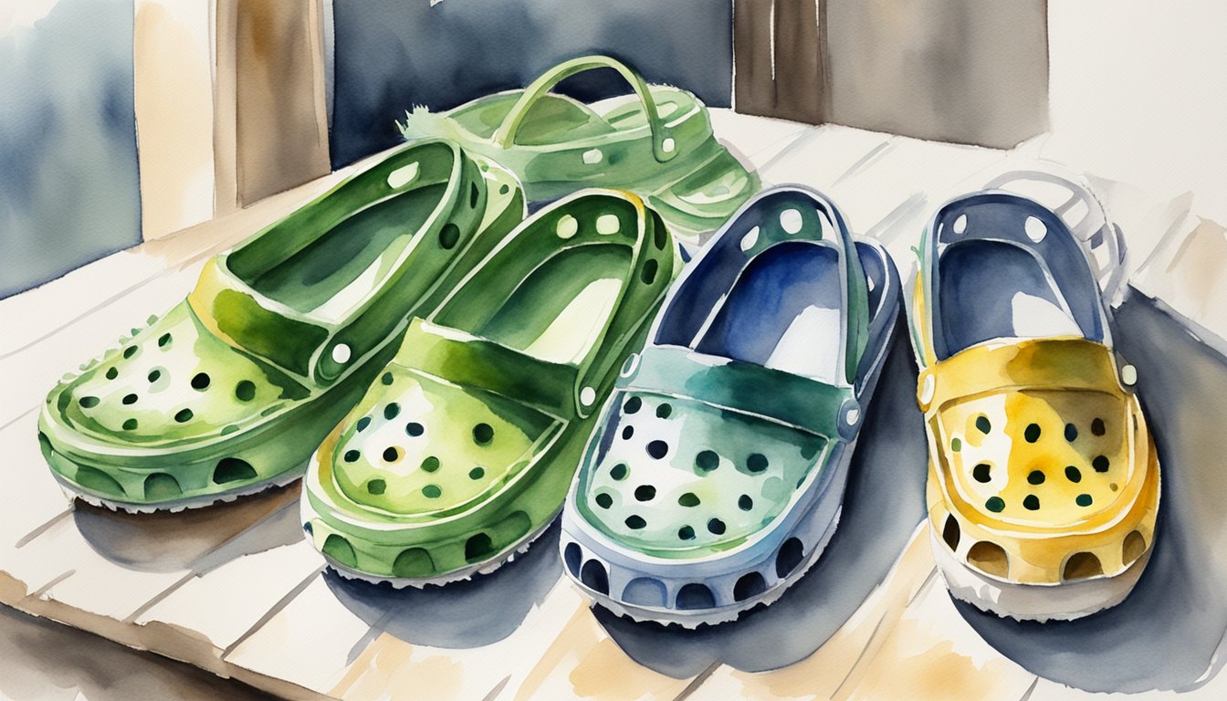 Crocs placed on a drying rack, wiped with a cloth, and brushed with a soft-bristled brush for maintenance post-cleaning