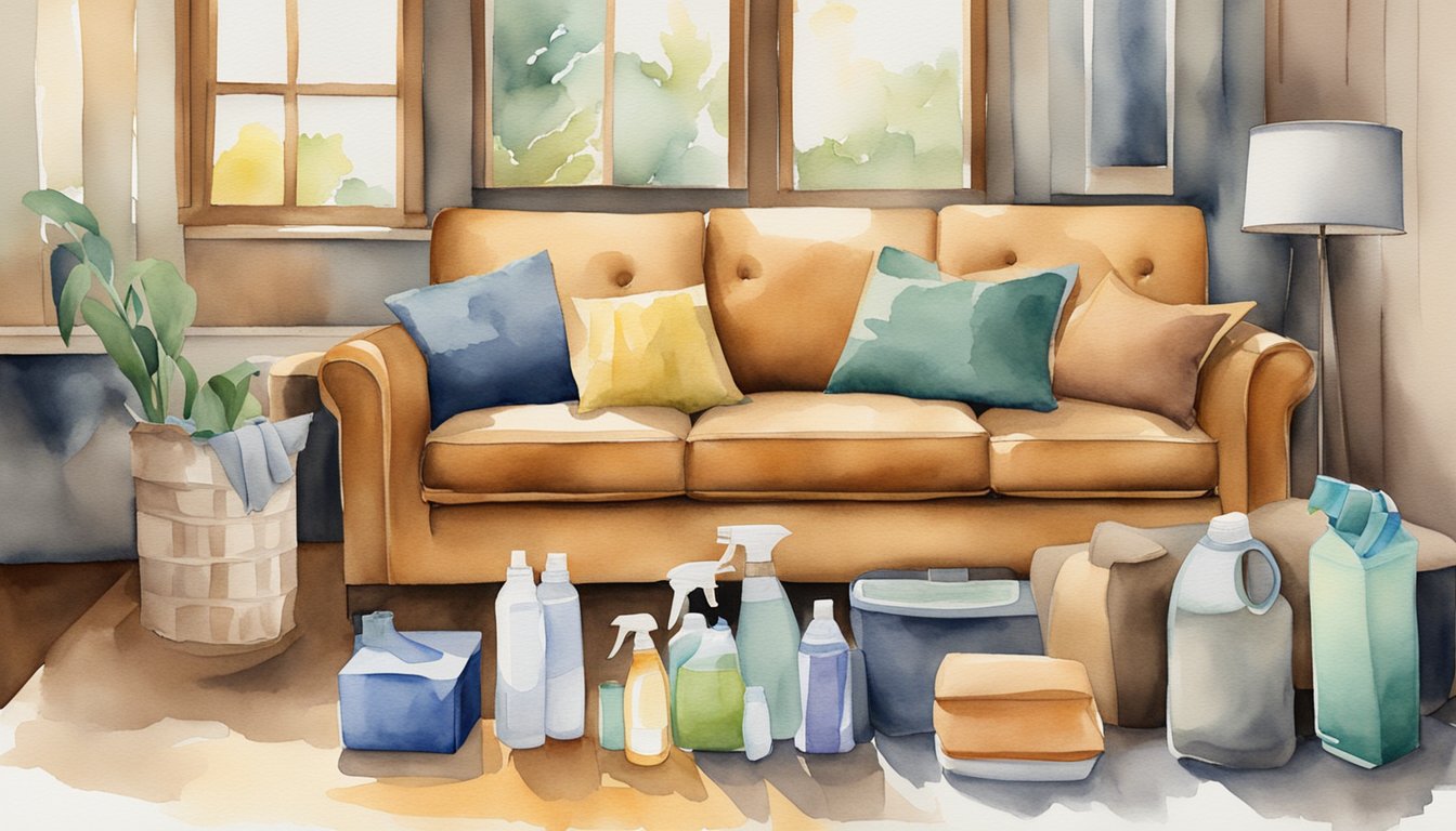 A variety of couch types (e.g. leather, fabric) are shown with cleaning supplies nearby, illustrating the process of cleaning a couch