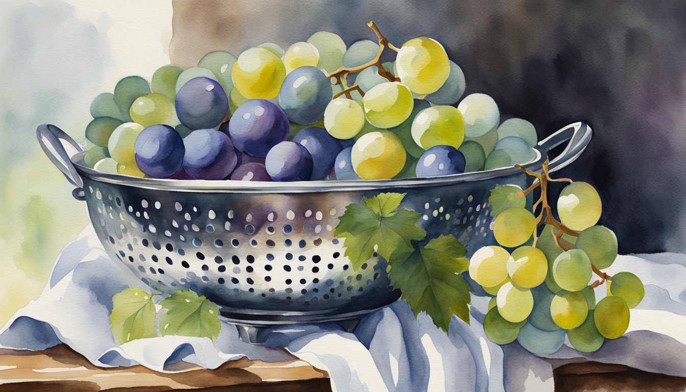 Grapes being rinsed under running water in a colander, then gently dried with a clean towel