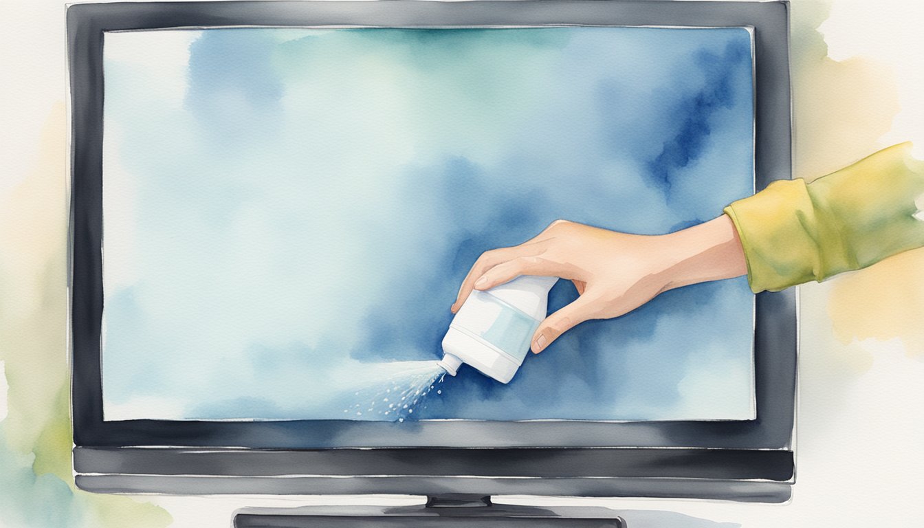 A hand sprays cleaning solution onto a flat screen TV, wiping it clean with a soft cloth