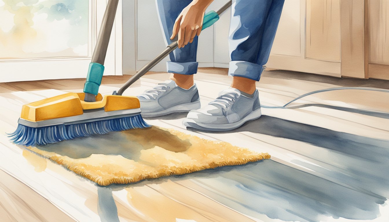 A person using a mop and specialized cleaning solution to gently scrub and remove dirt and grime from a shiny, laminate floor