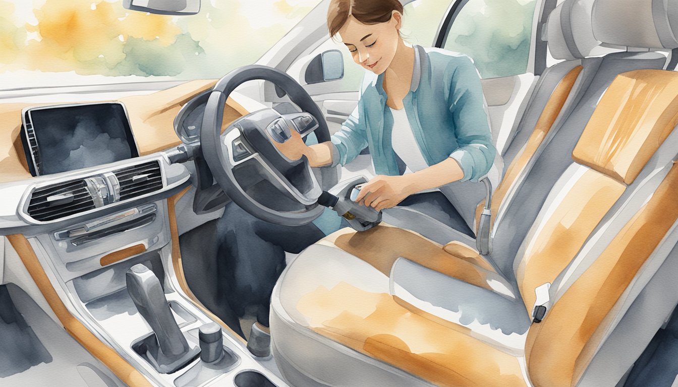 A person using a vacuum and upholstery cleaner on car seats, while gently scrubbing with a brush to remove stains and dirt