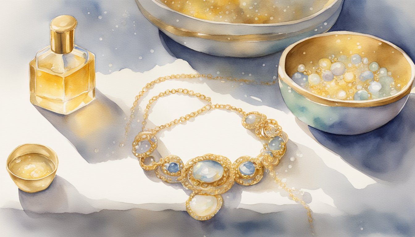 A sparkling gold necklace being gently wiped with a soft cloth, while a small dish of warm soapy water sits nearby