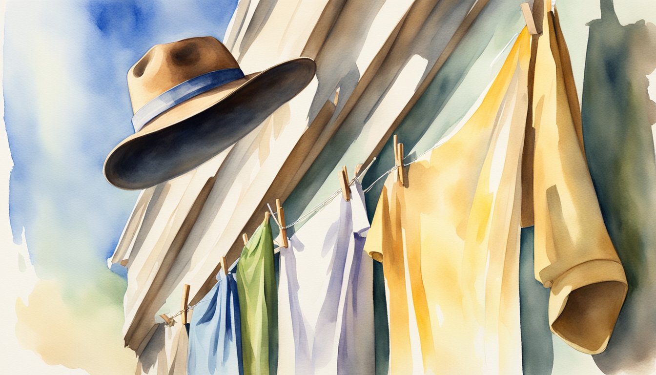 A hat hanging on a clothesline, sunlight shining through, with a small brush and cloth nearby for cleaning and final touches