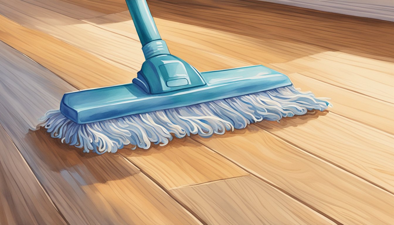 A mop glides over a gleaming wood floor, removing dirt and grime.</p><p>A bottle of wood floor cleaner sits nearby, ready to be used for regular maintenance.</p><p>A doormat is placed at the entrance to protect the floor from outside debris