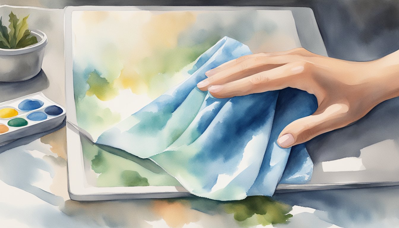 A hand gently wipes a monitor screen with a microfiber cloth, removing dust and smudges.</p><p>The cloth leaves no streaks, leaving the screen clean and clear