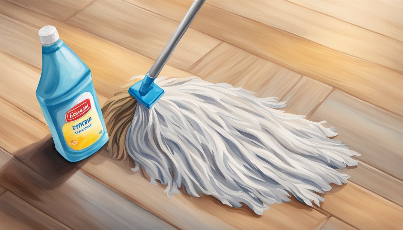 A mop glides over vinyl plank flooring, removing dirt and grime.</p><p>A bottle of cleaning solution sits nearby, ready to be used