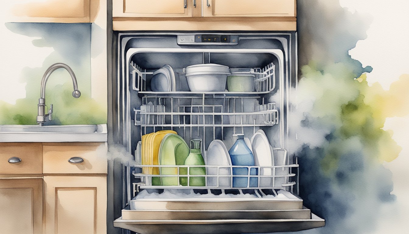 A dishwasher filled with vinegar, steam rising as it cleans