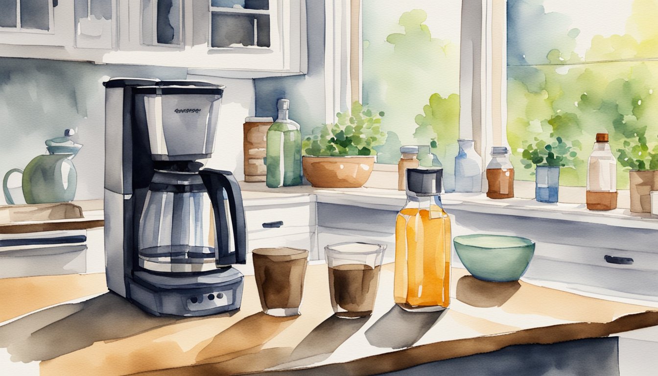 The coffee maker sits on the kitchen counter, with a bottle of vinegar nearby.</p><p>A small bowl is filled with a vinegar solution, ready to be poured into the machine for cleaning