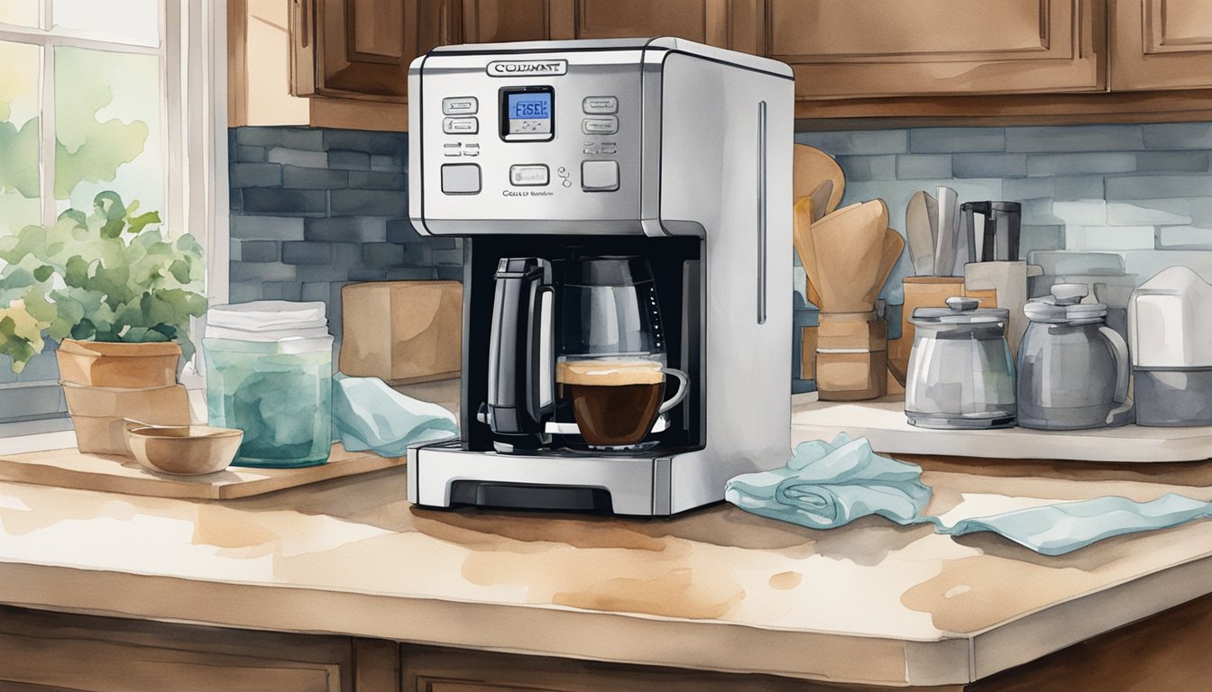 The Cuisinart coffee maker sits on a clean, clutter-free countertop.</p><p>A hand reaches for the machine with a damp cloth, wiping away any built-up residue and ensuring all parts are thoroughly cleaned