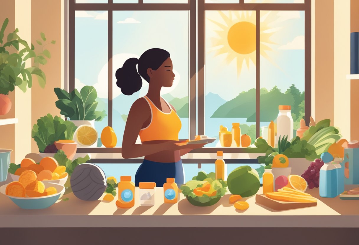 A person taking a vitamin D3 supplement, surrounded by healthy food and exercise equipment. Sunshine streams through a window, highlighting the positive effects of the vitamin on weight loss and overall health