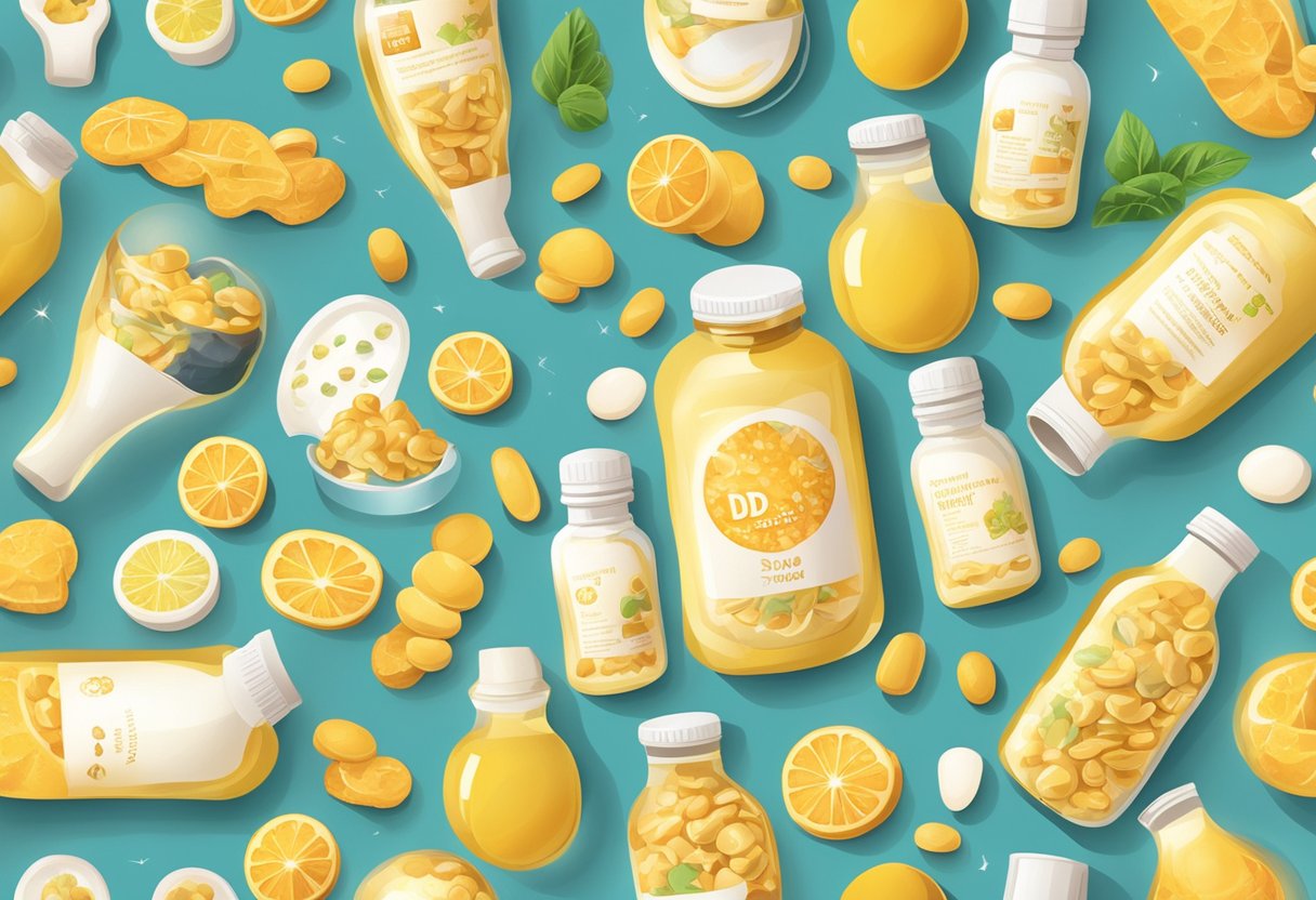 A bottle of vitamin D3 surrounded by images of healthy bones, sunlight, and smiling faces