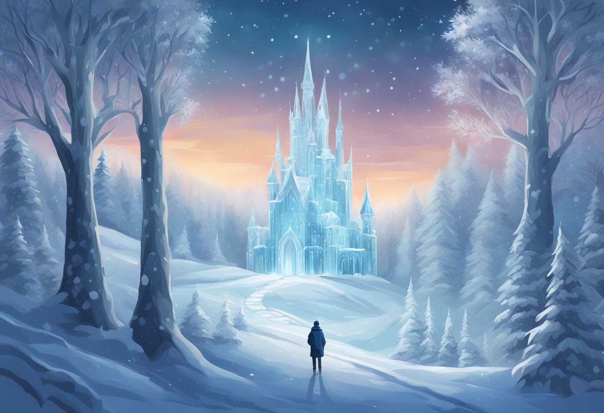 A wintry forest with a majestic ice palace, shimmering snowflakes, and a mysterious figure in the distance