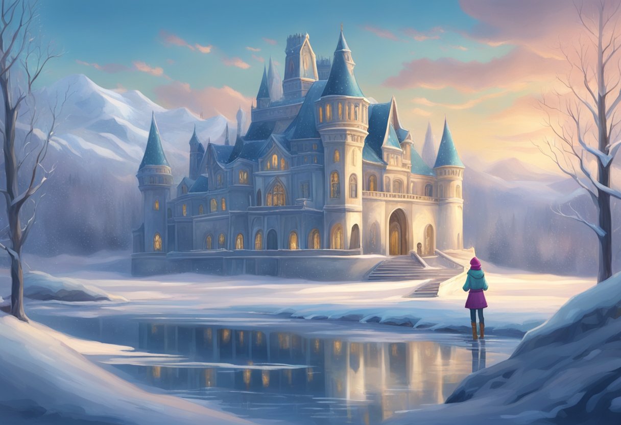 A wintry landscape with a frozen palace, a magical mirror, and a girl searching for her lost friend