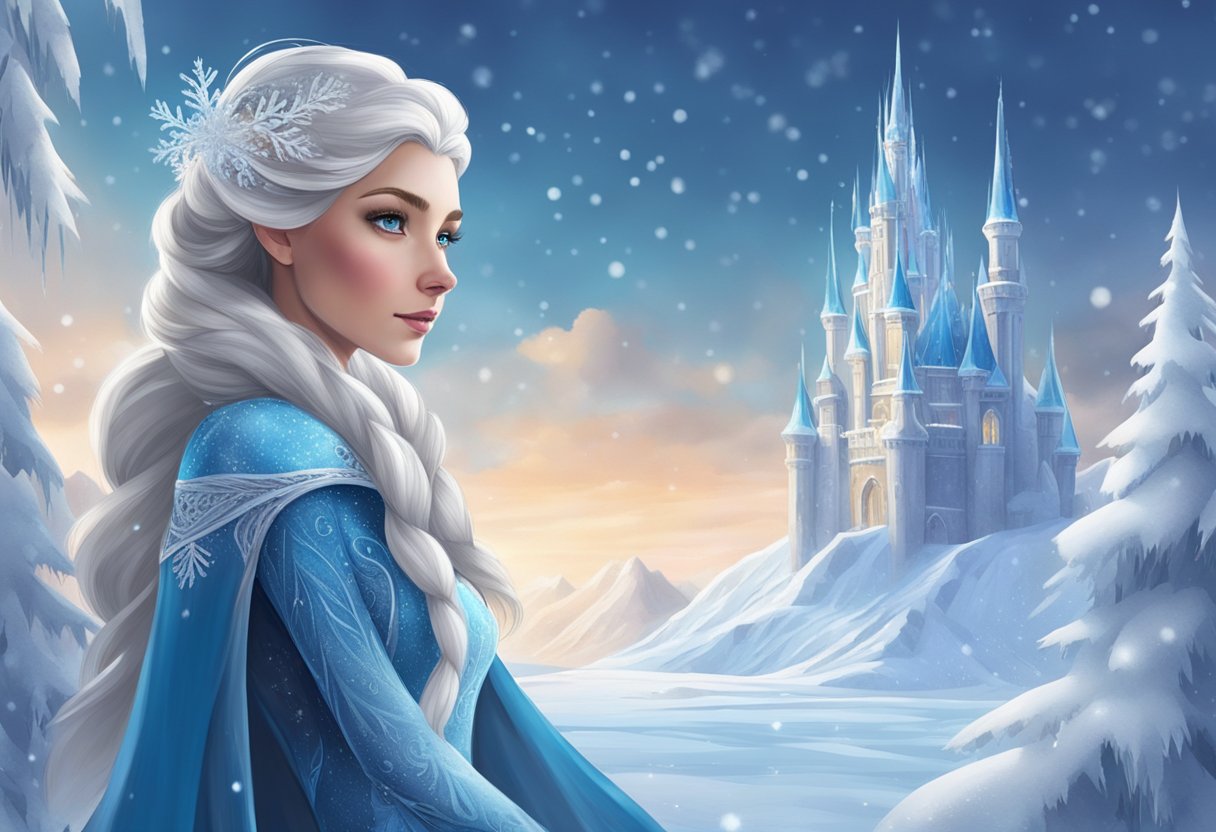 The Snow Queen gazes into a frozen landscape, her icy palace towering in the distance. Snowflakes swirl around her, creating a mesmerizing and magical atmosphere