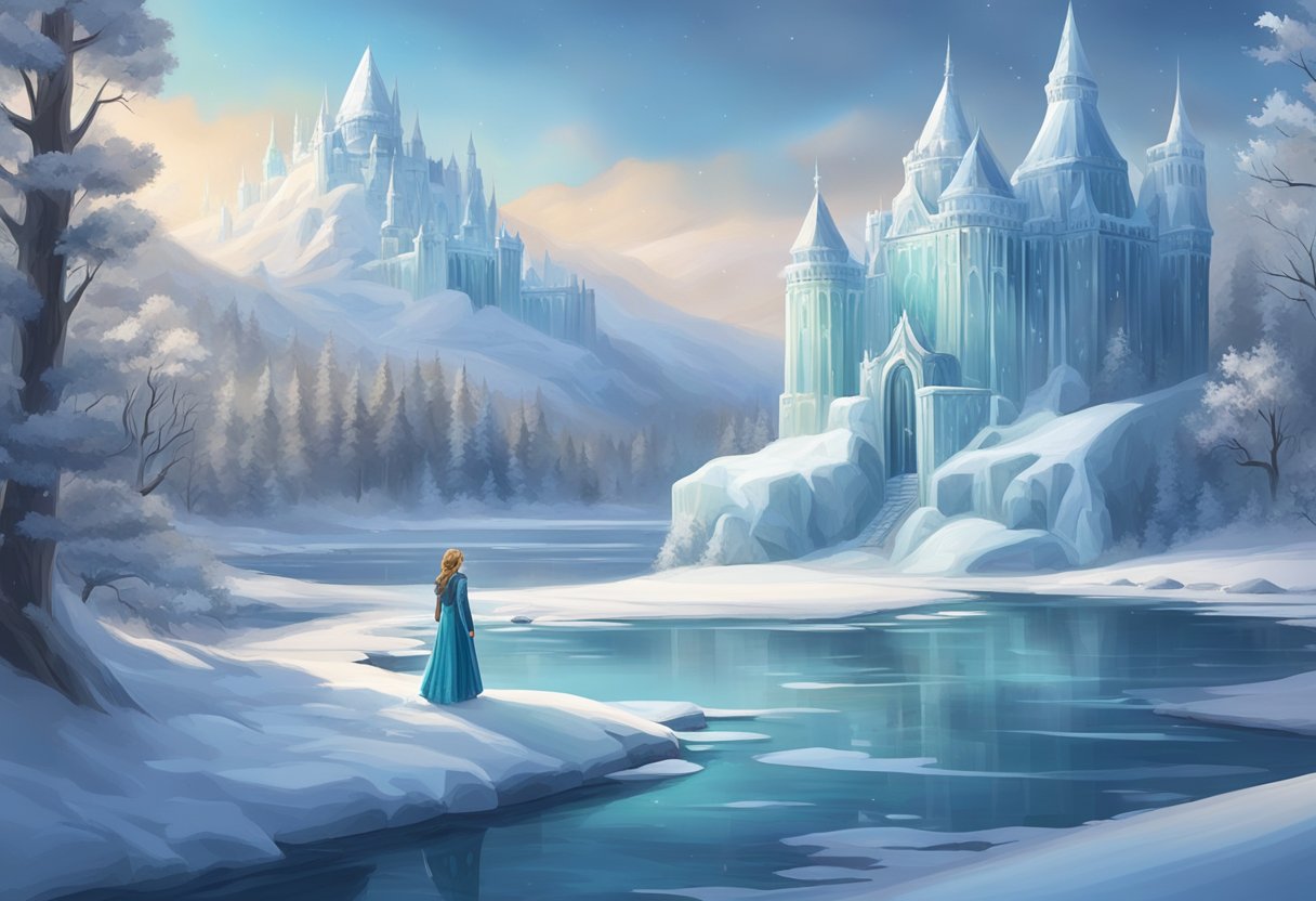 A winter forest with a frozen river, a majestic snow palace, and a young girl on a quest