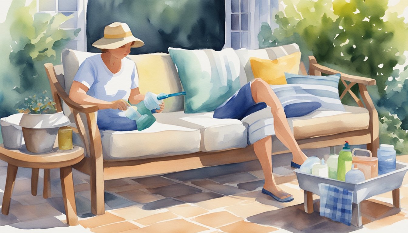 A person is using a mild detergent and water to scrub outdoor cushions with a brush, then rinsing with a hose and allowing them to air dry in the sun