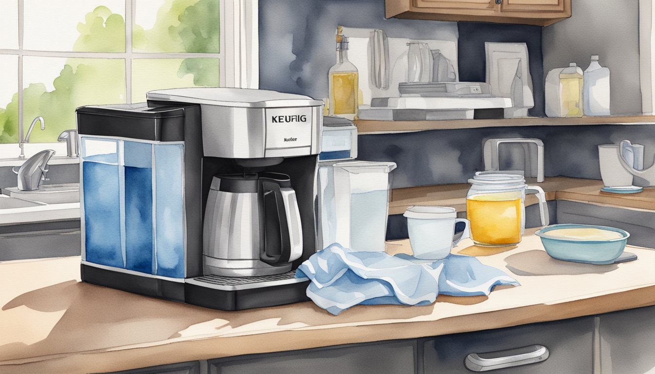 A Keurig machine sits on a kitchen counter, surrounded by a bottle of vinegar, a cup, and a cleaning cloth.</p><p>The machine's water reservoir is open, showing signs of descaling maintenance