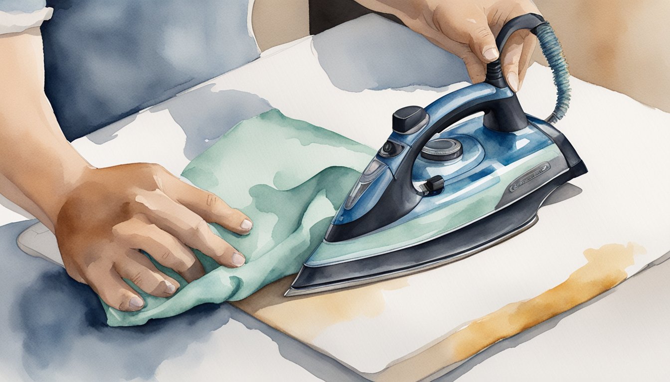 An iron sits on a clean, flat surface.</p><p>A hand reaches for the iron, holding a cloth and a bottle of cleaning solution.</p><p>The iron's surface is covered in grime and the hand begins to wipe it clean