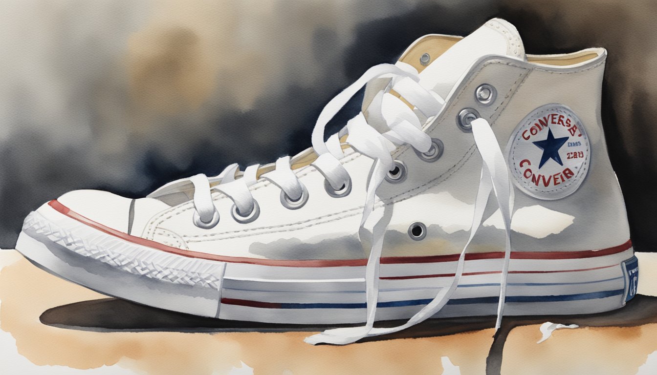 White Converse placed on a clean, flat surface.</p><p>A soft brush and mild detergent nearby.</p><p>A damp cloth ready for wiping