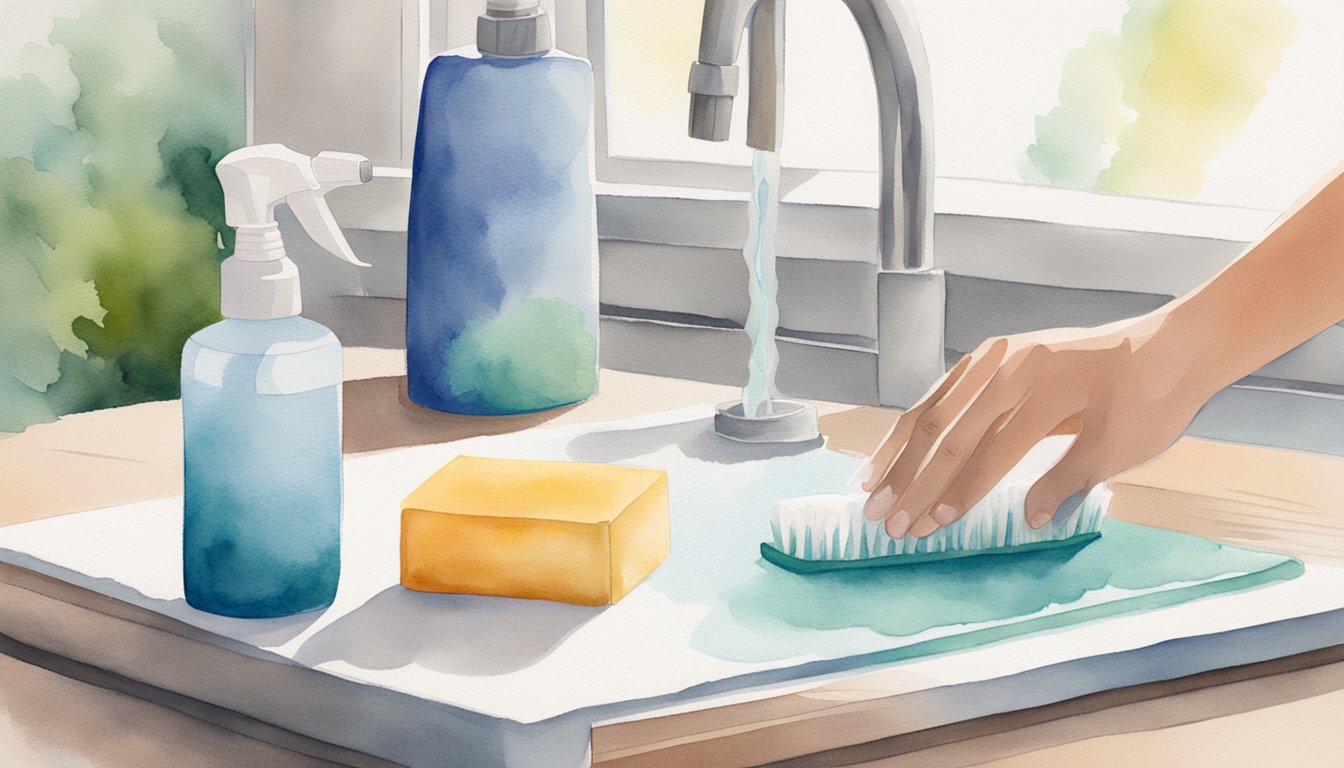 A hand holding a spray bottle, spraying water on a Cricut mat. A scrub brush and soap nearby. A drying rack with a clean, dry mat