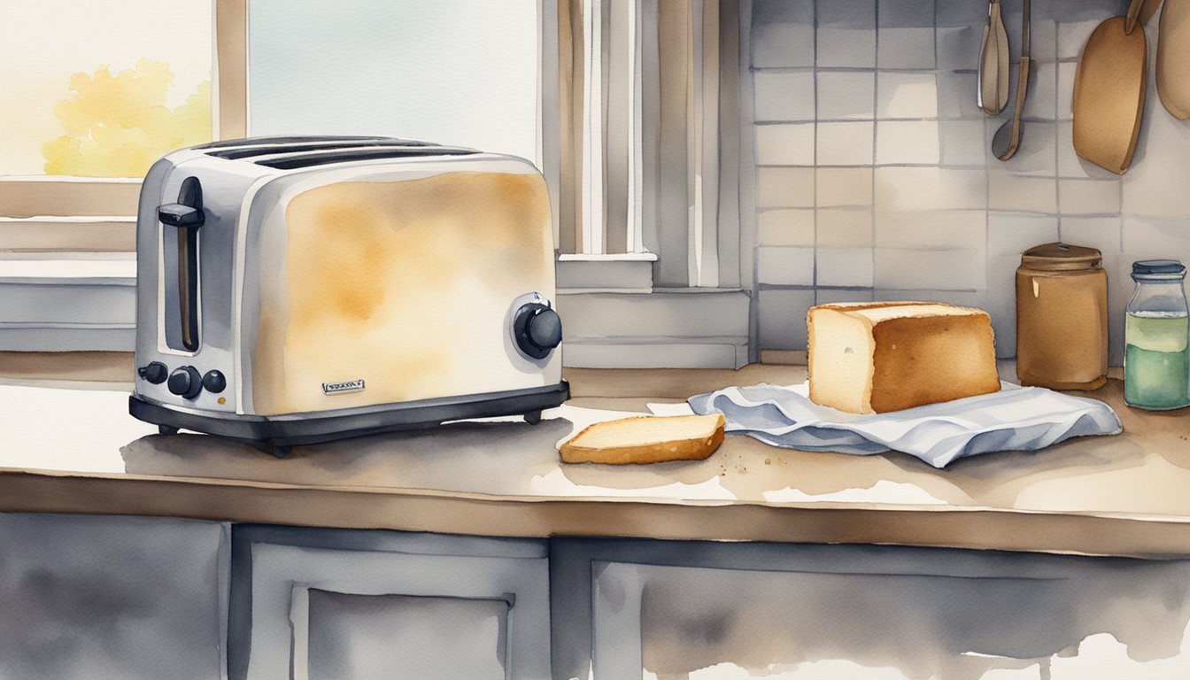 A toaster sits on a clean kitchen counter.</p><p>A damp cloth and mild soap are nearby.</p><p>Crumbs are visible on a removable tray