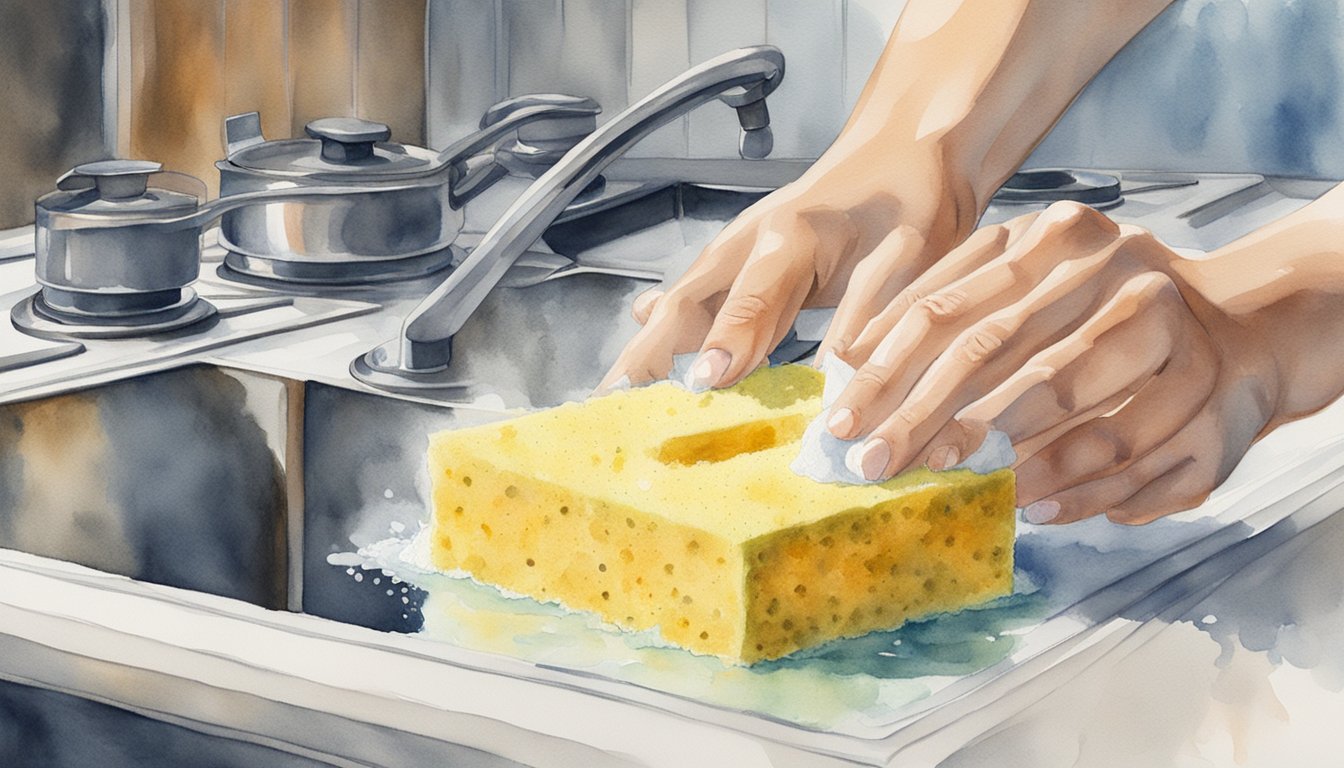 A hand holding a sponge scrubbing a greasy stove top with soapy water, while another hand wipes it clean with a dry cloth