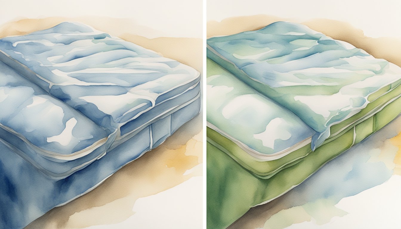 A mattress with a visible stain being cleaned with a solution and cloth, with a clear before and after contrast