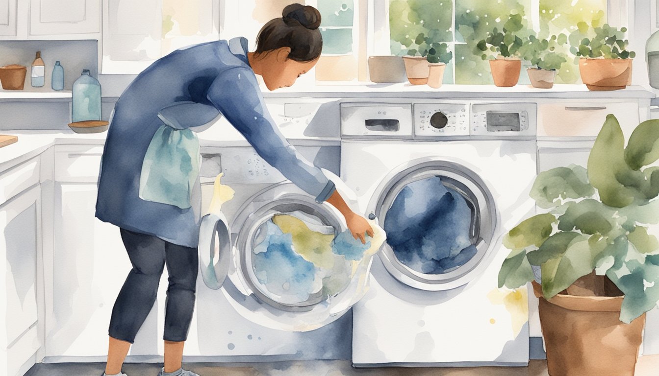 A person pouring white vinegar and baking soda into a washing machine, scrubbing the interior with a brush, and wiping the exterior with a damp cloth